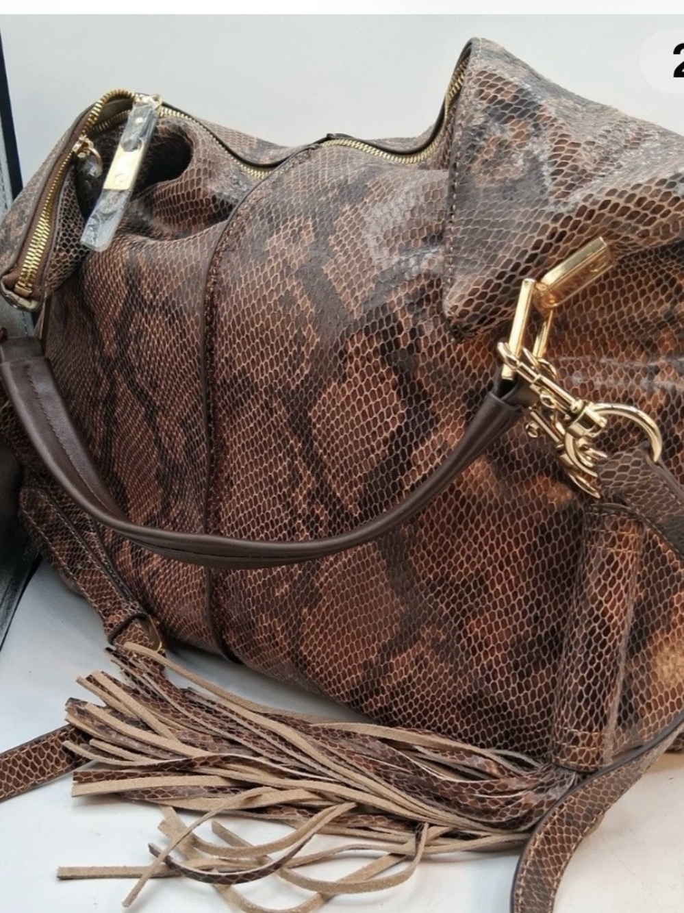 G.I.L.I. Brown Snake-Print Travel Duffel with Tassel & Gold Hardware